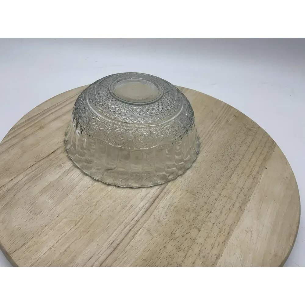Clear Glass Serving Bowl Round Geometric Pressed Pattern Kitchen Decor‎ Tabletop